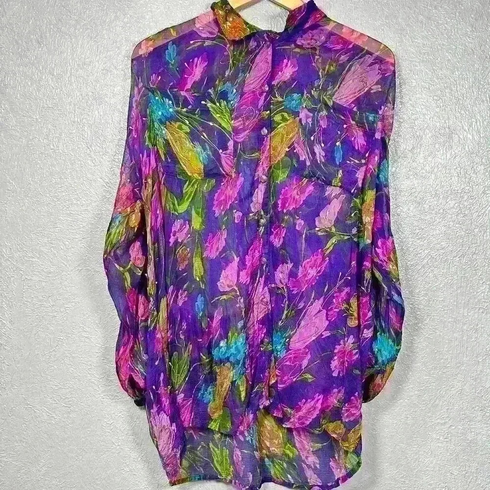 VTG 90s Carole Little Sheer Gauze Long Sleeve Purple Blouse Oversize Women S